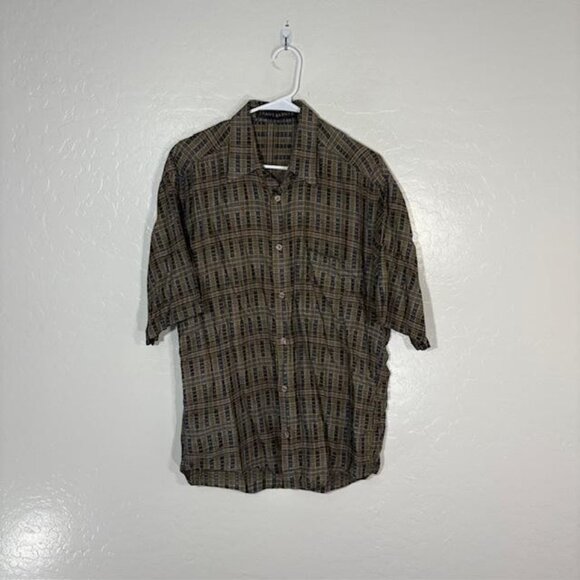 Jhane Barnes Shirt Mens Medium Brown Blue Plaid Short Sleeve Button Front Woven - Picture 1 of 6